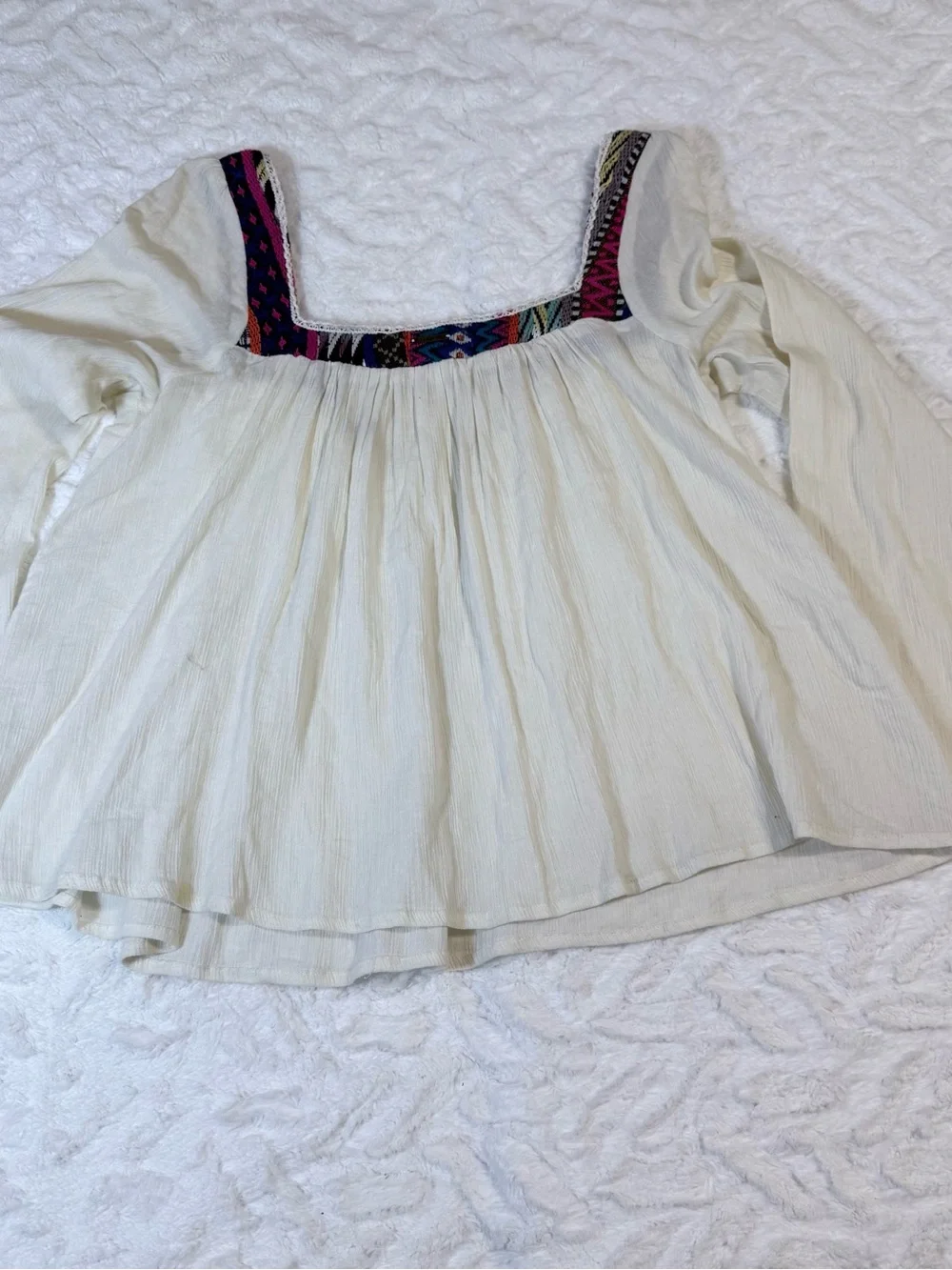 Billabong White Peasant Blouse with Multicolor Embroidered Square Neck- Size L - Picture 2 of 15